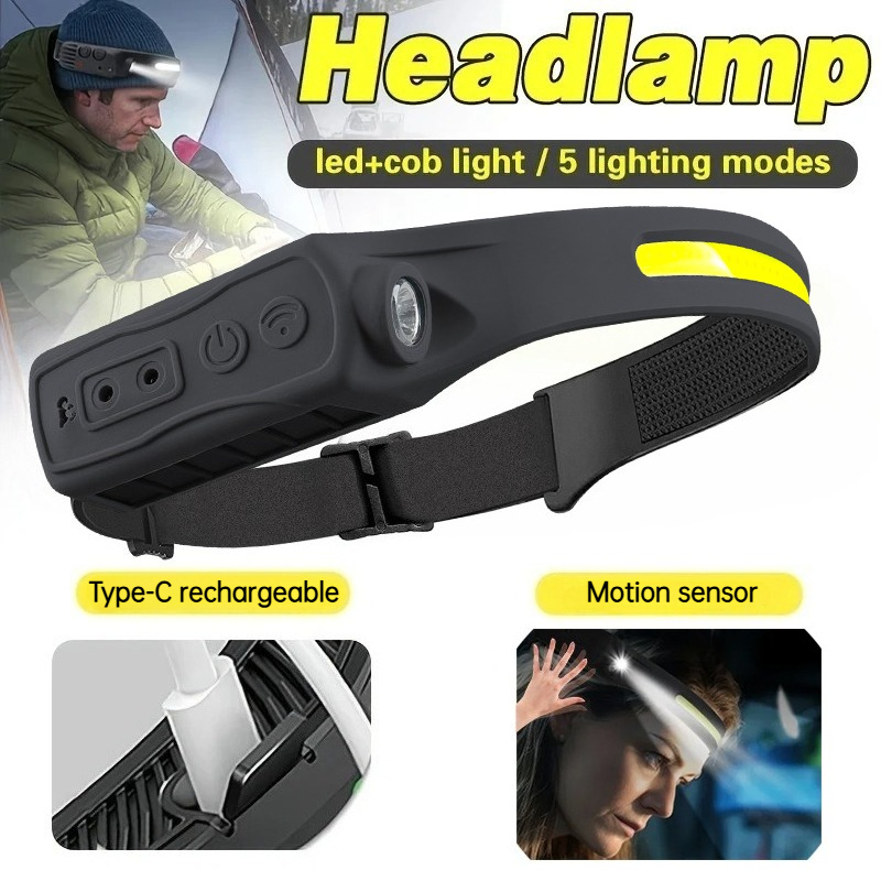 Fishing Headlamp - ไฟฉายคาดศีรษะเซ็นเซอร์ LED COB อันทรงพลังแบบชาร์จไฟได้ 5 โหมดแสงไฟฉายคาดศีรษะสำหรับตกปลากลางแจ้งตั้งแคมป์