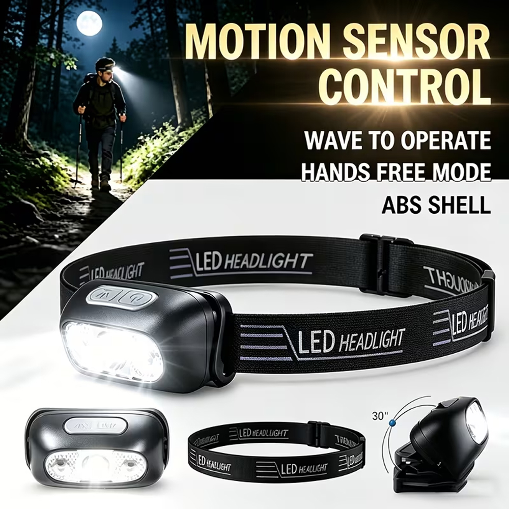 Fishing Headlamp - ไฟฉายคาดศีรษะแบบพกพา LED ความสว่างสูง พร้อมเซ็นเซอร์ ชาร์จผ่าน USB